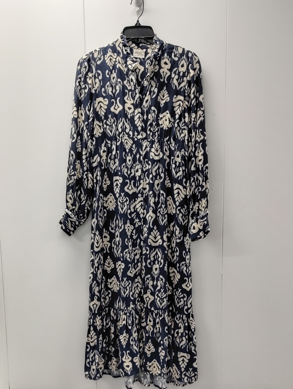 Sonmer Juana Navy and Cream Ikat Printed Long Sleeve Maxi Dress Size XS